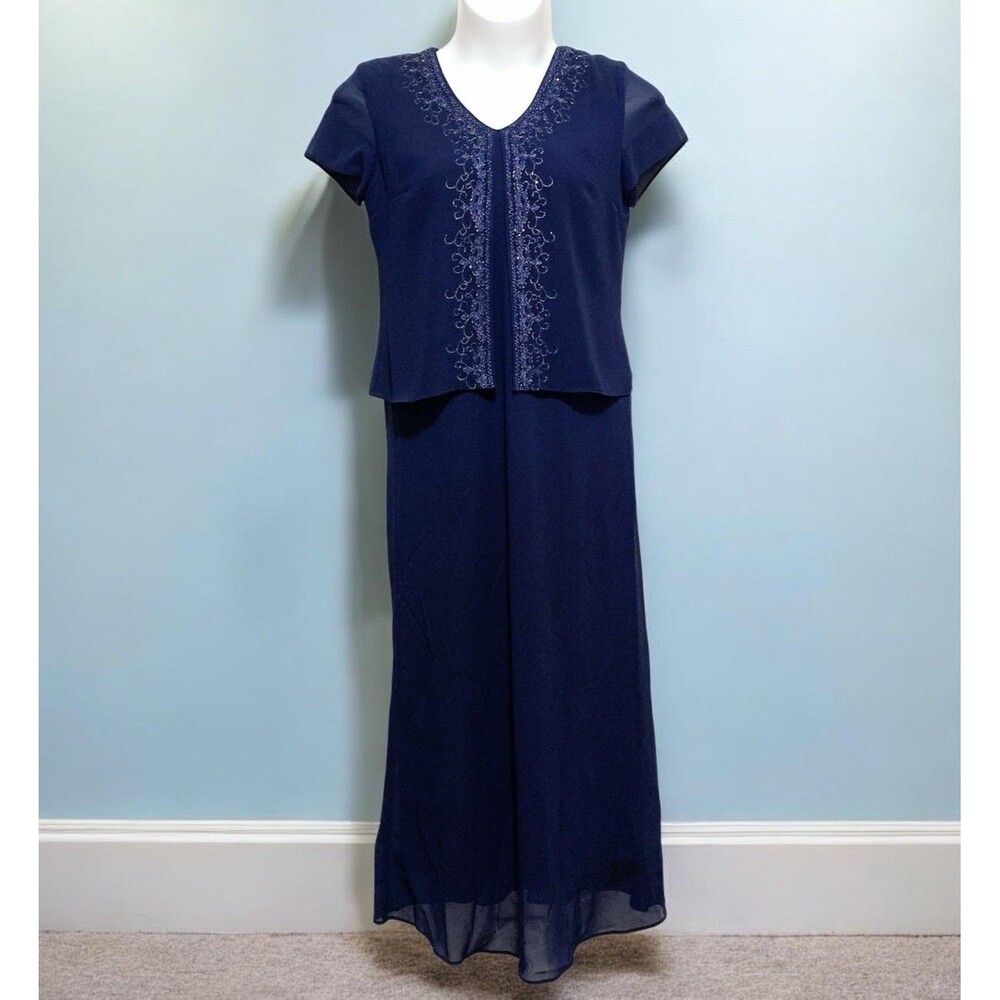 Positive Attitude Formal Gown Dress With Jacket Sz 12 Navy Blue Short Sleeve